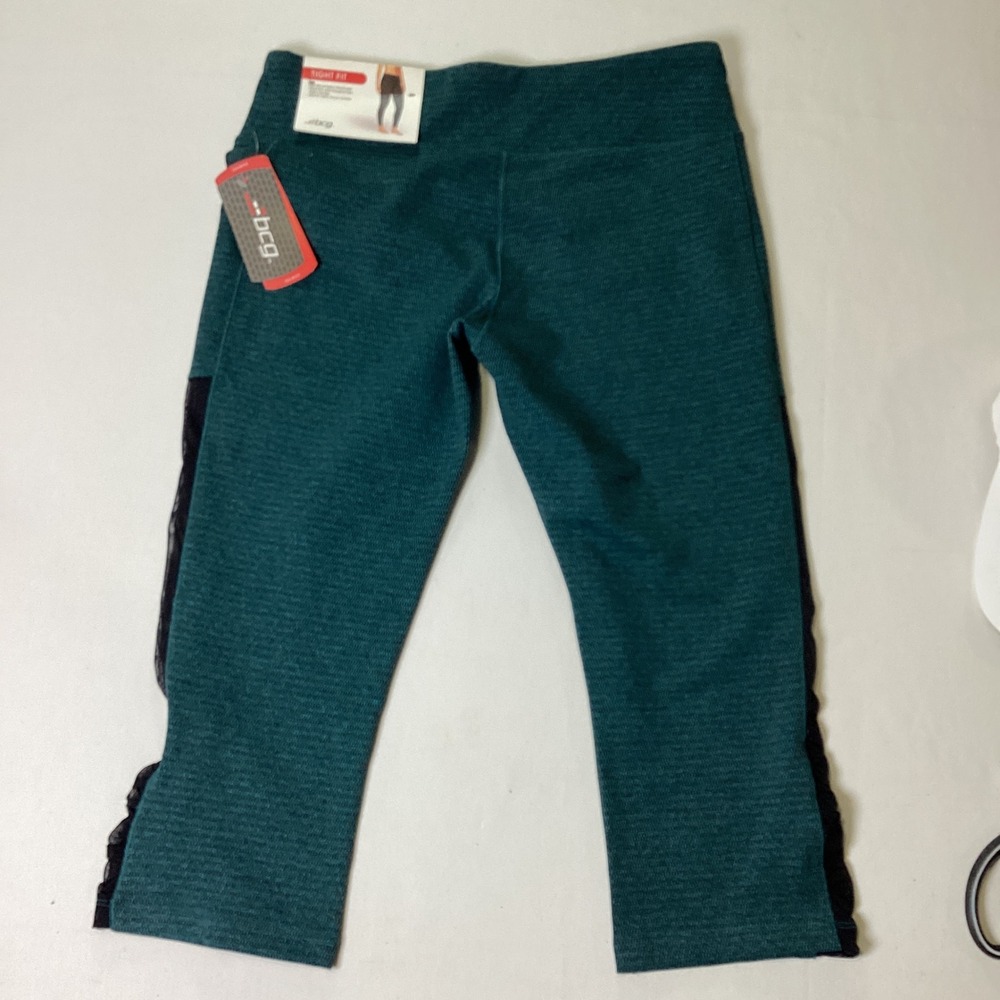 BCG NWT L Women Teal Textured Mesh Ruffle Capri Leggings Training Tight Fit Yoga - Picture 2 of 7